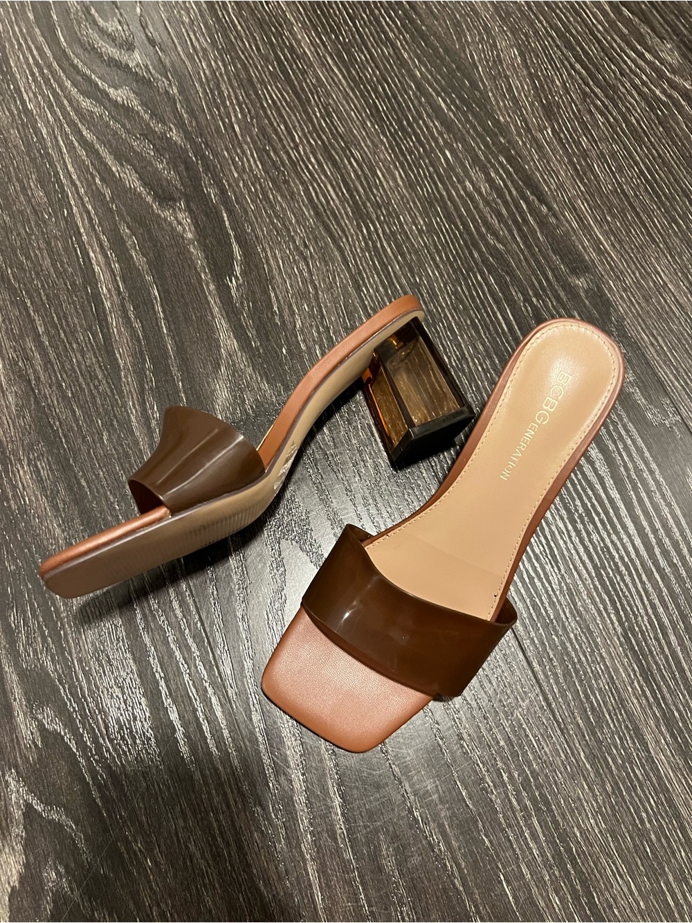 BCBGeneration Brown Glossy Slide Mules with Lucite Block Heel